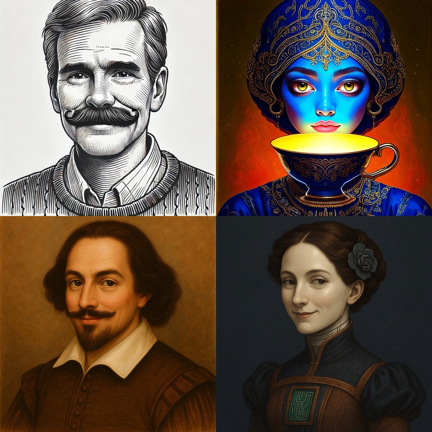 Four AI-generated portraits in a grid layout with artistic styles by DALLโขE and Adobe Firefly