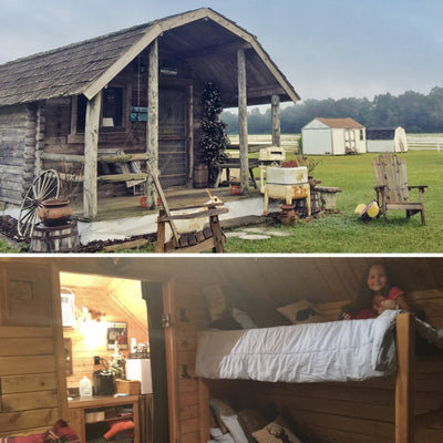 Collage showing one image of a rustic tiny cabin's exterior and one image of the interior of the cabin, all wood with bunk beds and a child sitting in the top bunk