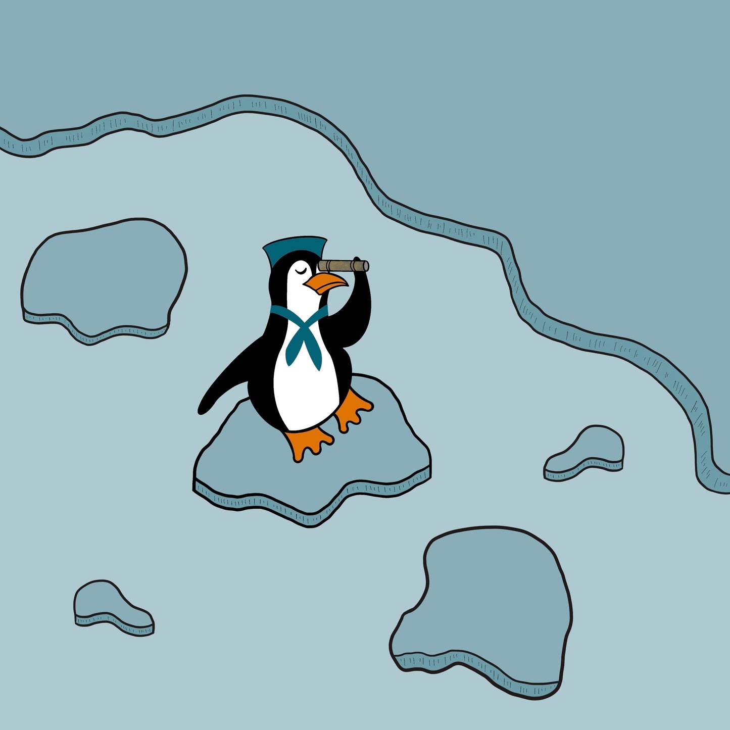 Cartoon penguin sailor Wyn looking through a spyglass while floating on a piece of blue ice in light blue water