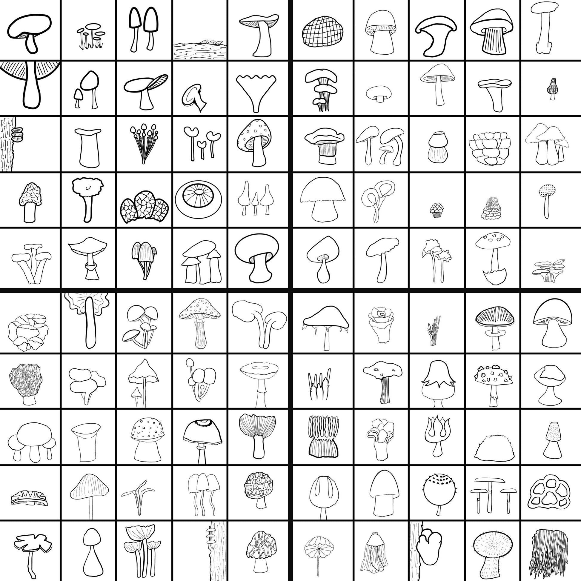 Black and white grid of 100 unique drawings of mushrooms