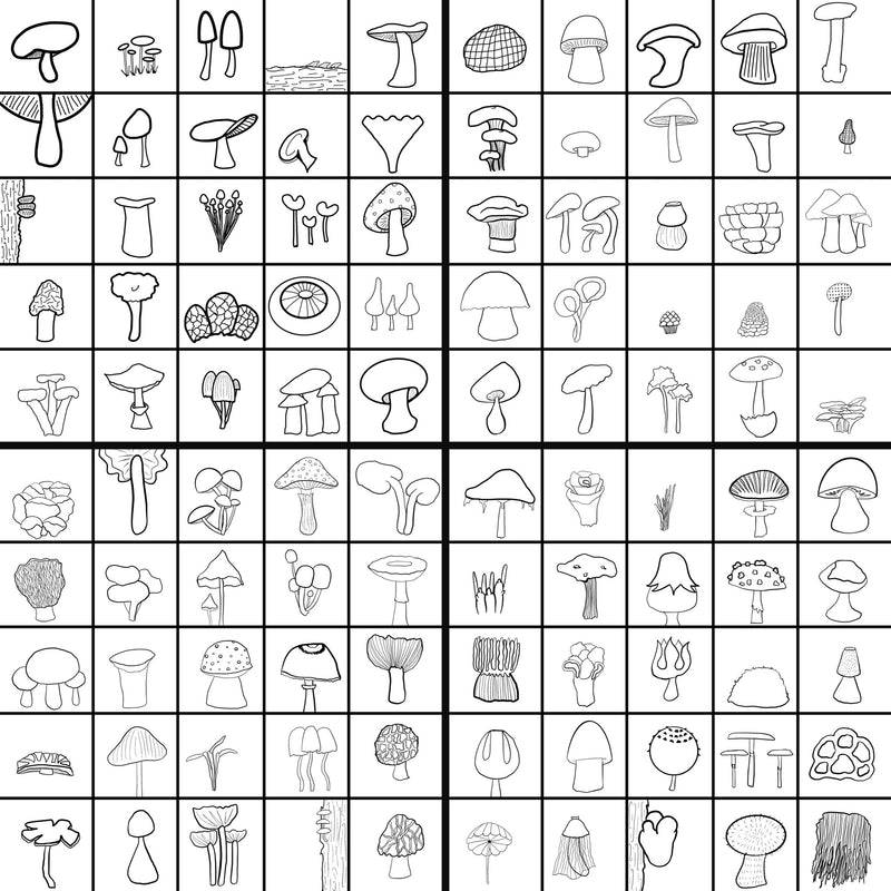 Black and white grid of 100 unique drawings of mushrooms