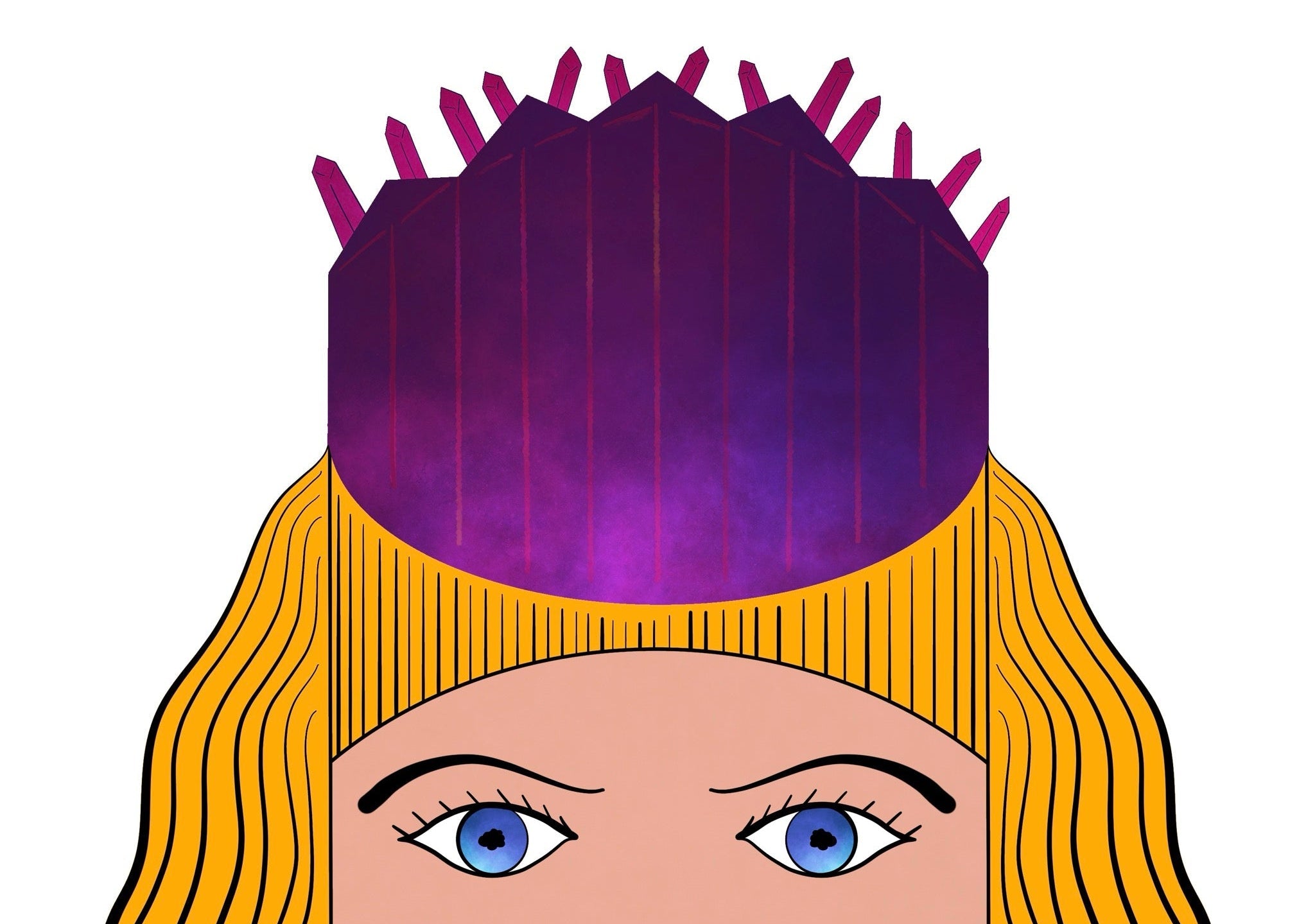 Illustrated character Chrys cropped close with blue eyes, long blond hair with bangs, wearing a purple and pink crystal crown
