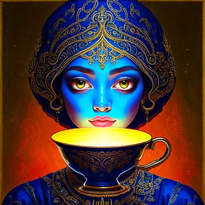 AI generated illustrated portrait (based on original artwork) of a humanoid blue skin figure with green eyes and a blue intricate outfit with headpiece behind a larger than average teacup with an emanating glow floating just below their lips (Adobe Firefly)