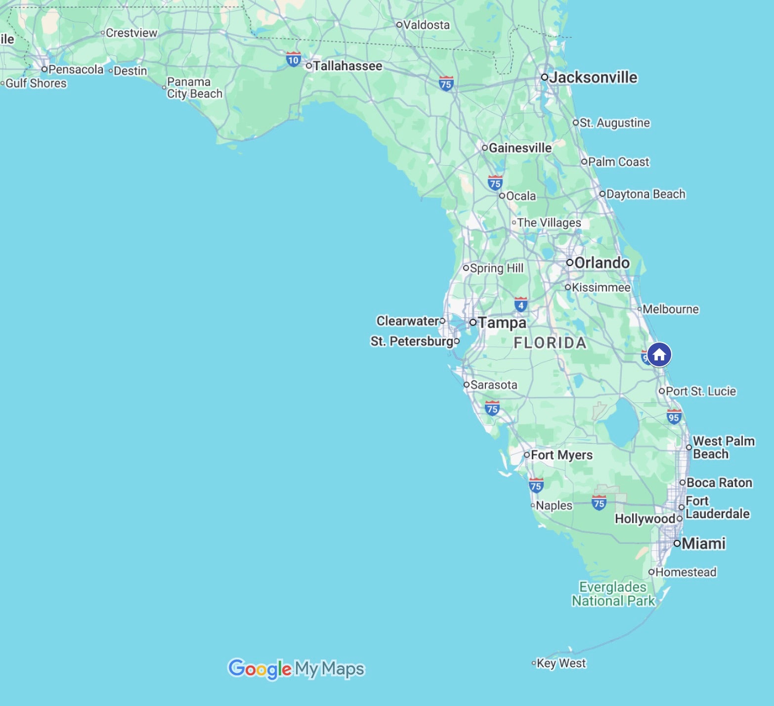 Google Map of Florida with major cities labeled and a white house on blue circle to indicate Vero Beach where Blue lives