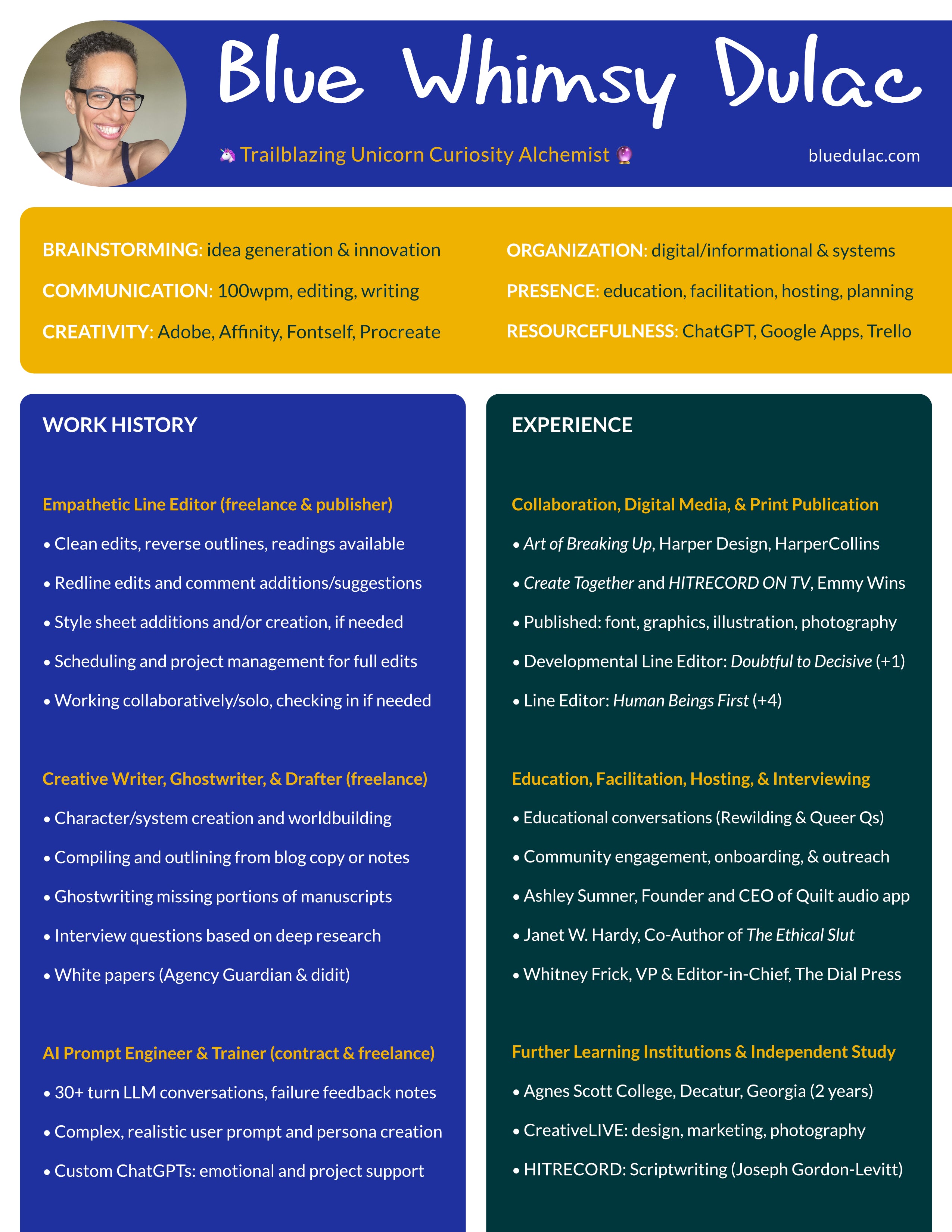 Colorful resume for Blue Whimsy Dulac, a Trailblazing Unicorn Curiosity Alchemist, listing website 'bluedulac.com' and a detailed work history on blue, yellow, and green color blocks