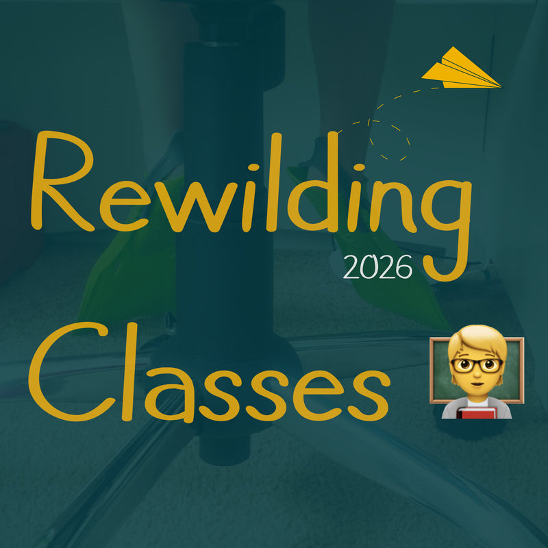 Promotional graphic for 'Rewilding Classes 2026' with a teacher emoji and yellow text on a dark background with a yellow paper airplane illustration