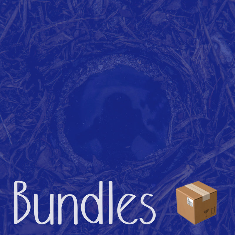 Text 'Bundles' with a cardboard box icon on a blue textured natural background with a reflection
