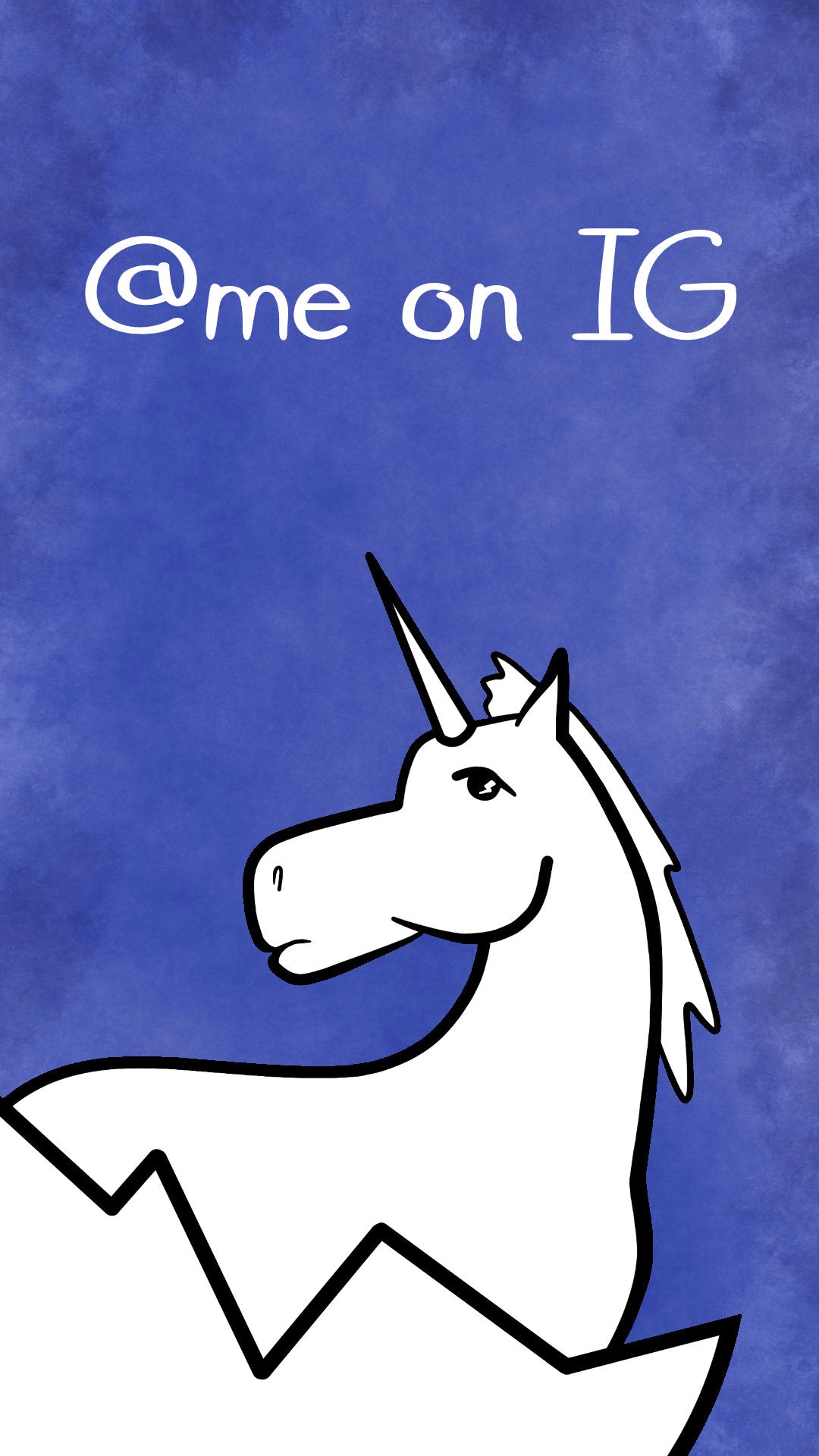 Black and white line illustration  of a unicorn on a blue watercolor wash below text '@me on IG'
