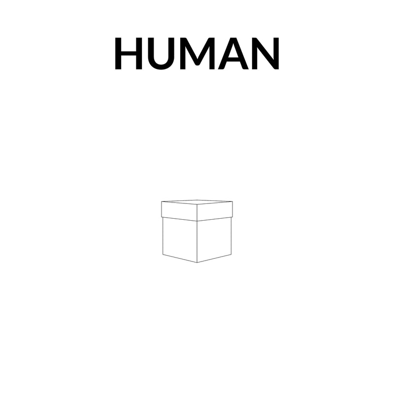 White box with lid below 'HUMAN' text on a white background