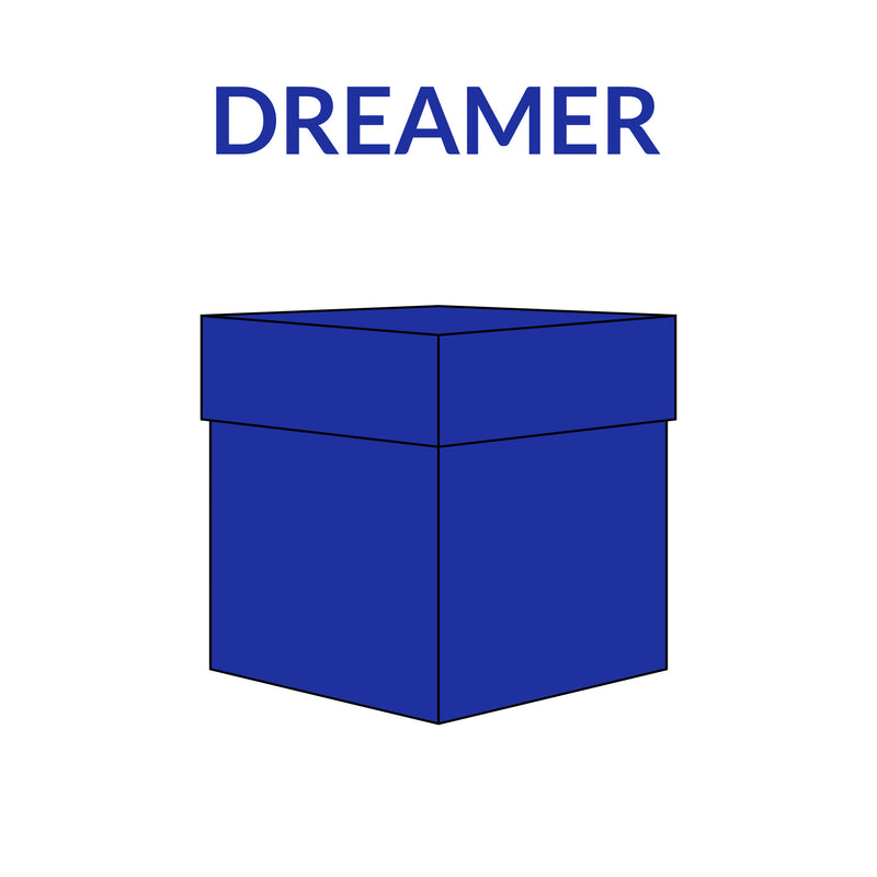 Blue box with lid below 'DREAMER' text on a white background