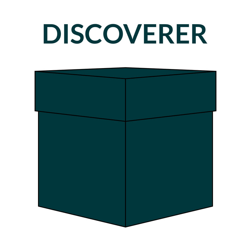 Dark green box with lid below 'DISCOVERER' text on a white background