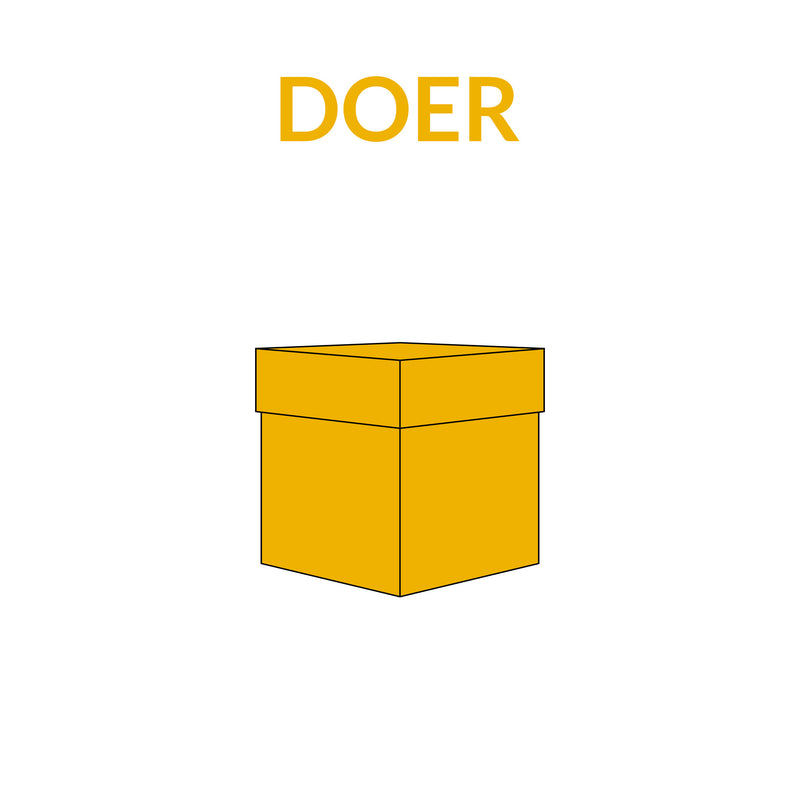 Yellow box with lid below 'DOER' text on a white background